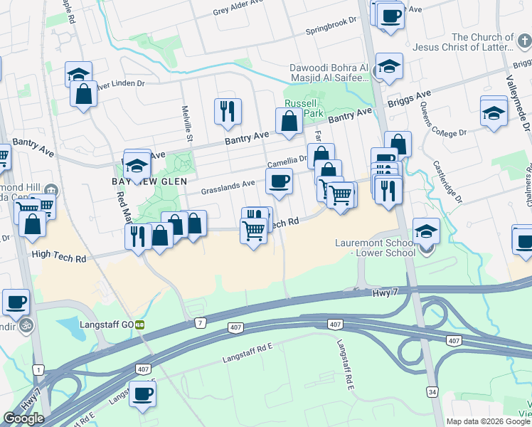 map of restaurants, bars, coffee shops, grocery stores, and more near 11 Holmwood Street in Richmond Hill