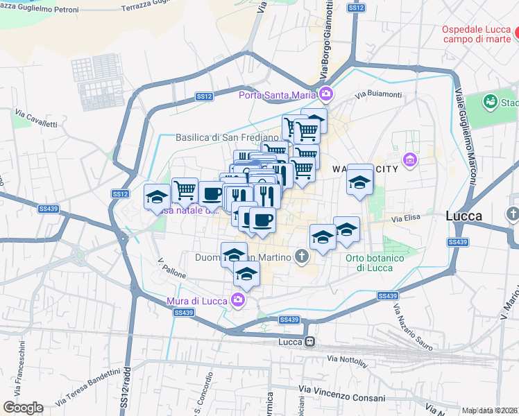 map of restaurants, bars, coffee shops, grocery stores, and more near in Lucca