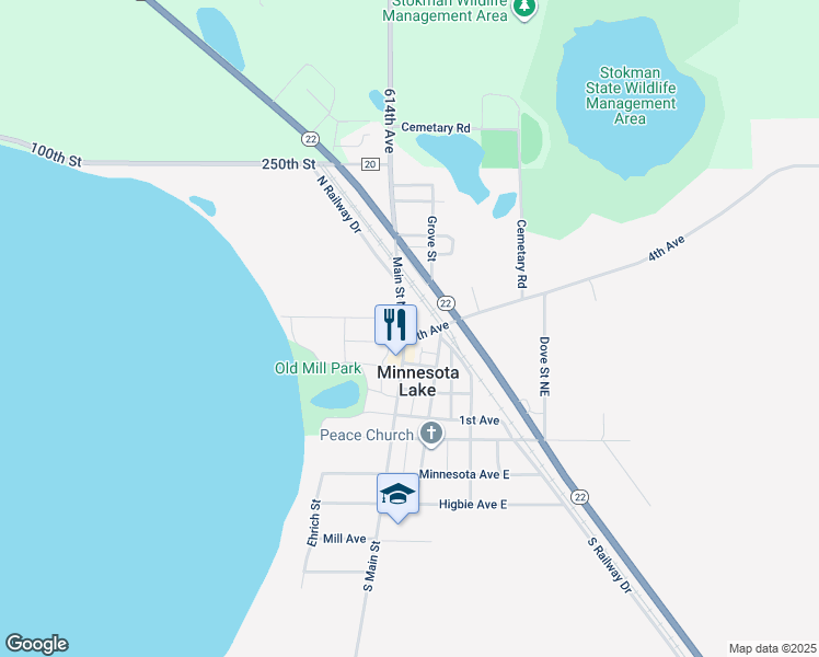 map of restaurants, bars, coffee shops, grocery stores, and more near 402 Main Street North in Minnesota Lake