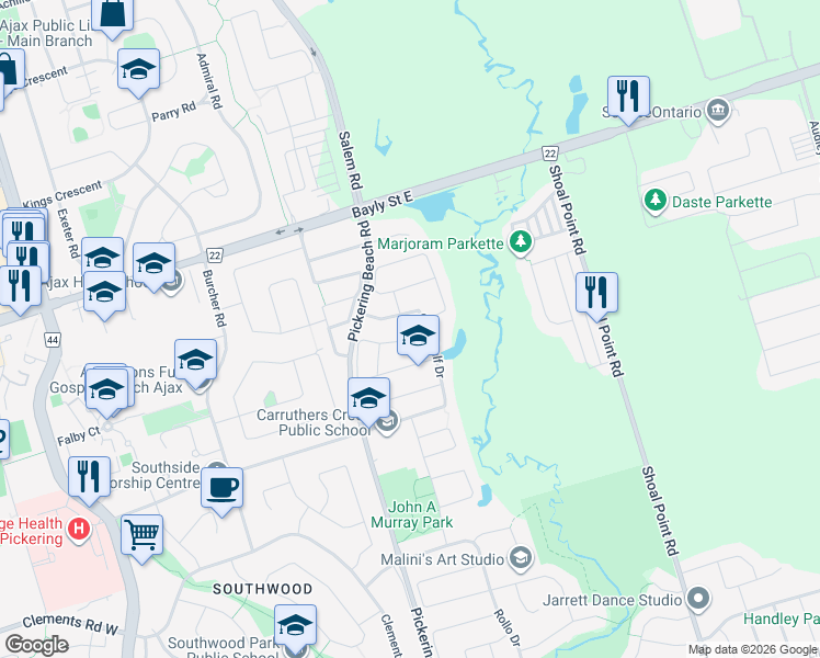 map of restaurants, bars, coffee shops, grocery stores, and more near 103 Howling Crescent in Ajax