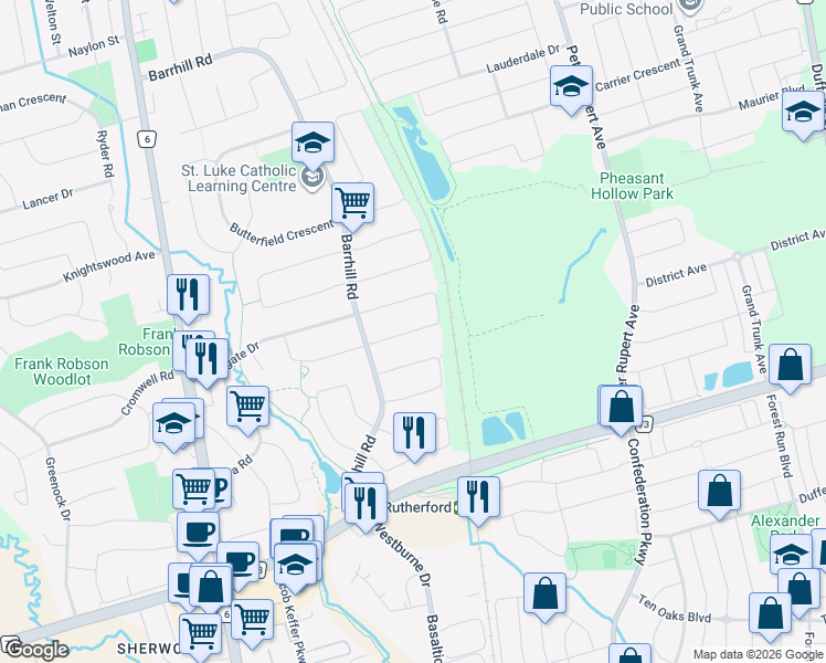 map of restaurants, bars, coffee shops, grocery stores, and more near Silver Arrow Crescent in Vaughan