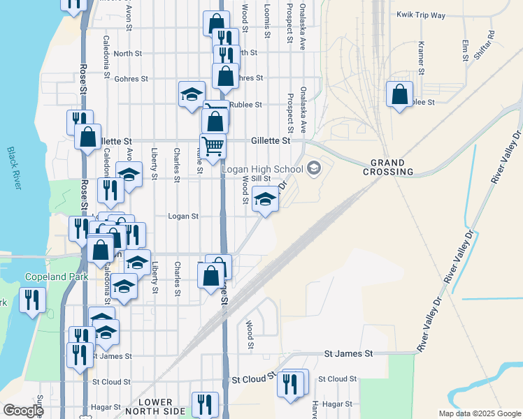 map of restaurants, bars, coffee shops, grocery stores, and more near 1407 Ranger Drive in La Crosse