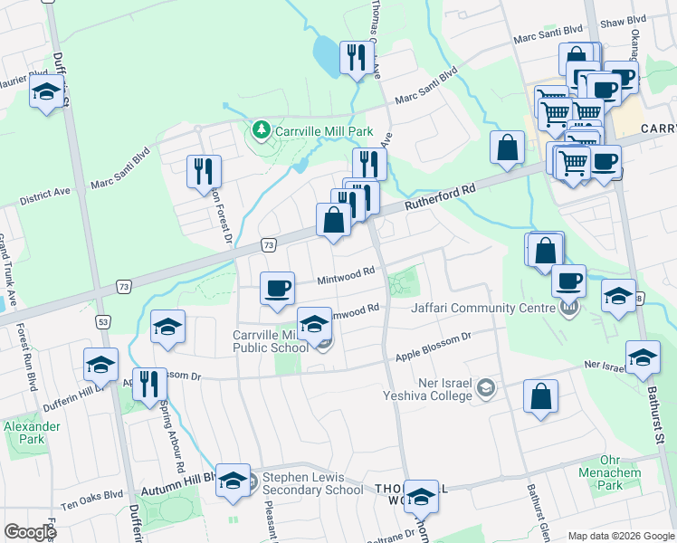 map of restaurants, bars, coffee shops, grocery stores, and more near 56 Mintwood Road in Vaughan