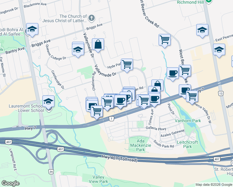 map of restaurants, bars, coffee shops, grocery stores, and more near 33 Rockwell Road in Richmond Hill