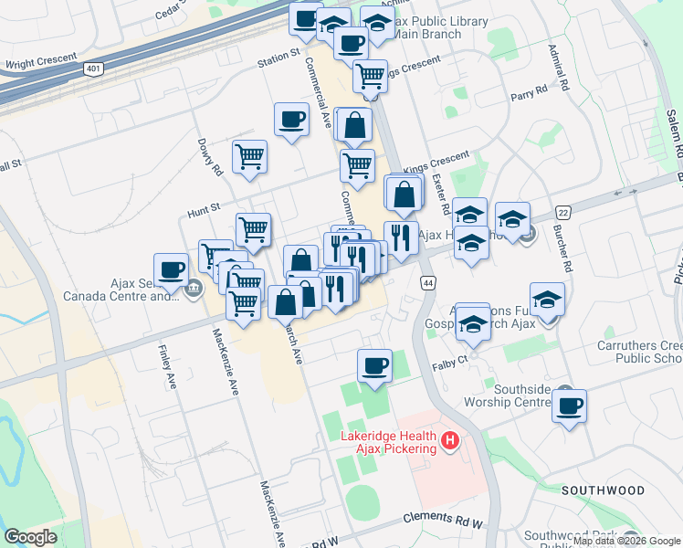 map of restaurants, bars, coffee shops, grocery stores, and more near 112 Bayly Street West in Ajax