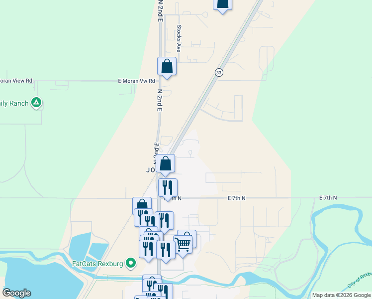 map of restaurants, bars, coffee shops, grocery stores, and more near 868 North Yellowstone Highway in Rexburg