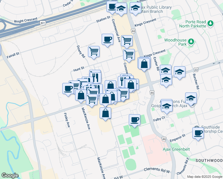 map of restaurants, bars, coffee shops, grocery stores, and more near in Ajax