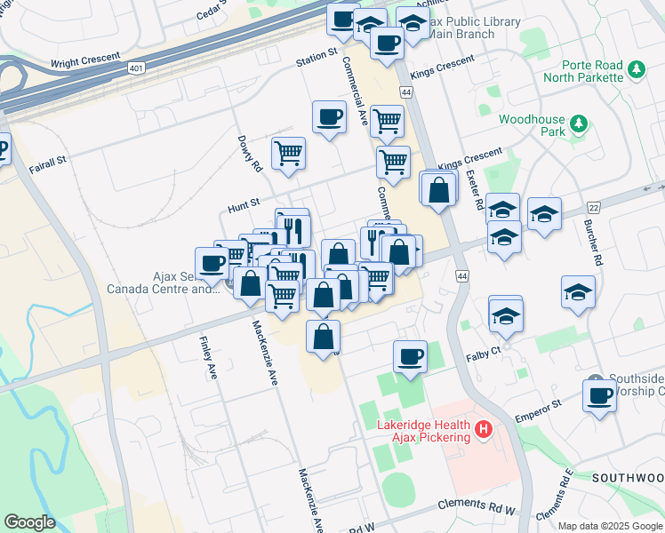 map of restaurants, bars, coffee shops, grocery stores, and more near in Ajax