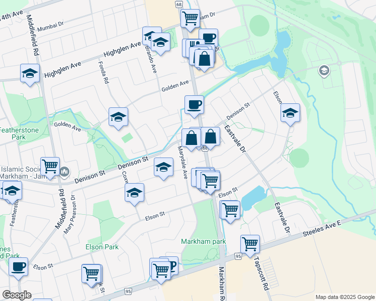 map of restaurants, bars, coffee shops, grocery stores, and more near 7200 Markham Road in Markham