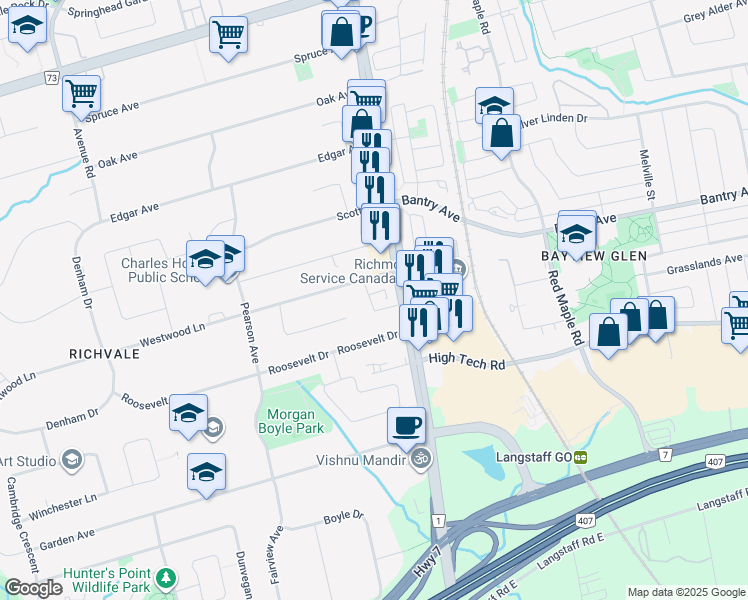 map of restaurants, bars, coffee shops, grocery stores, and more near in Richmond Hill