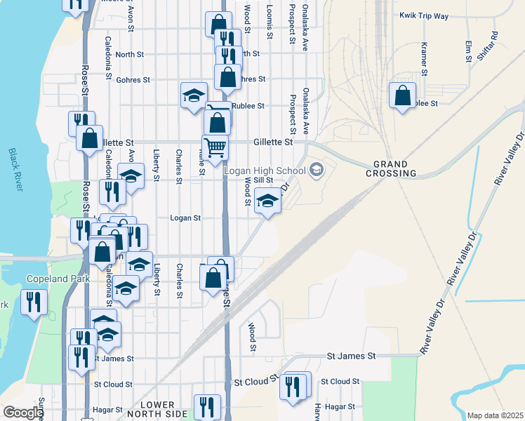 map of restaurants, bars, coffee shops, grocery stores, and more near 1407 Ranger Drive in La Crosse