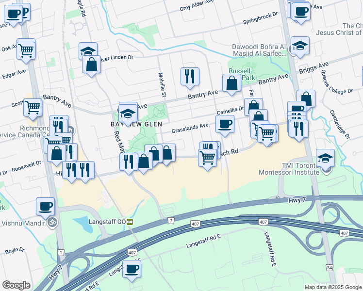map of restaurants, bars, coffee shops, grocery stores, and more near 46 Waterton Crescent in Richmond Hill