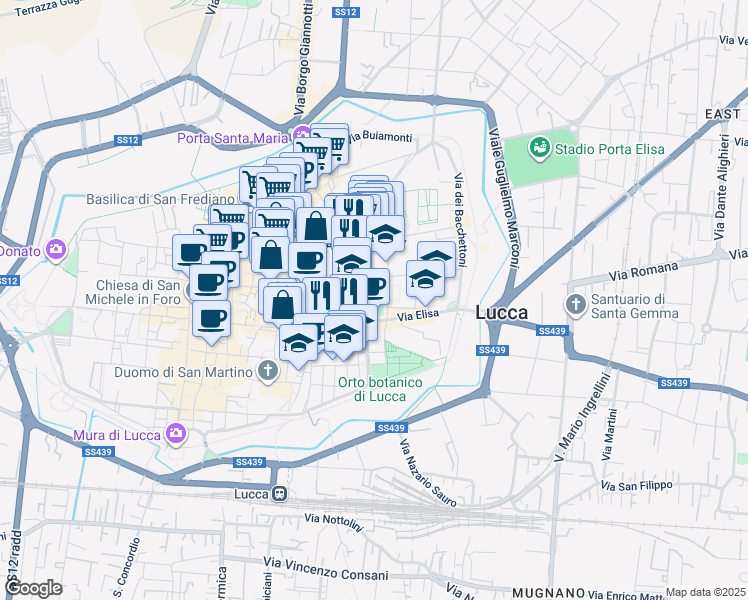 map of restaurants, bars, coffee shops, grocery stores, and more near 9 Via Elisa in Lucca