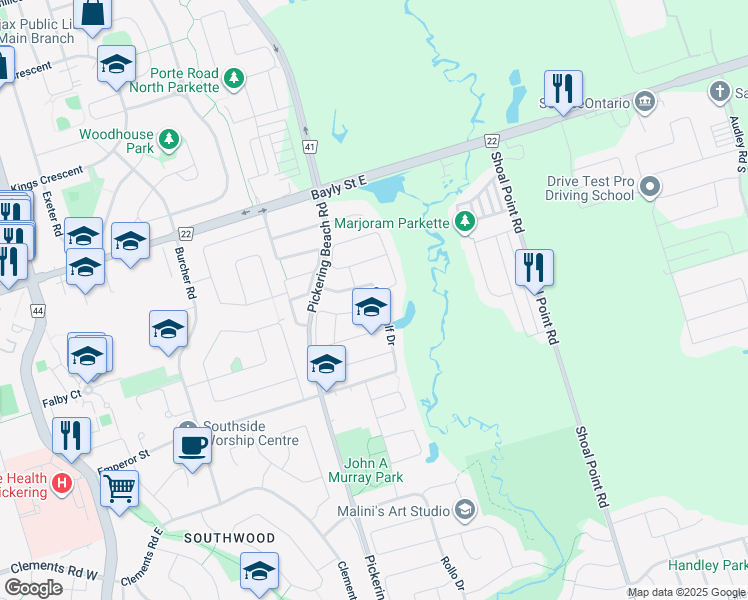 map of restaurants, bars, coffee shops, grocery stores, and more near 107 Howling Crescent in Ajax
