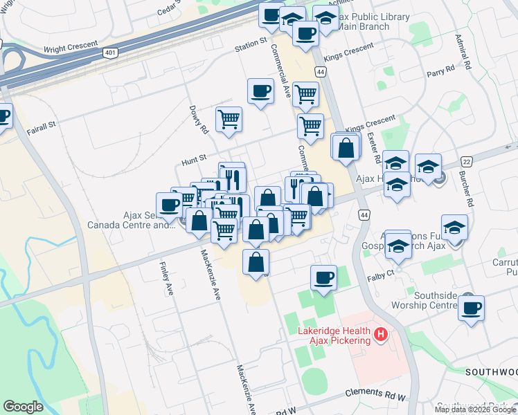 map of restaurants, bars, coffee shops, grocery stores, and more near 33 Bondsmith Street in Ajax