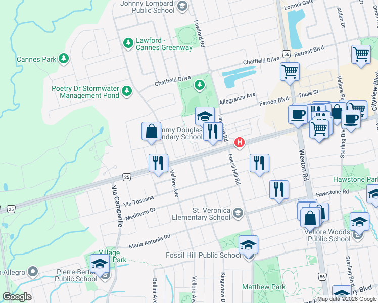 map of restaurants, bars, coffee shops, grocery stores, and more near in Vaughan
