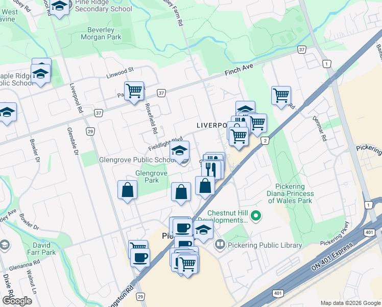 map of restaurants, bars, coffee shops, grocery stores, and more near 1872 Rosefield Road in Pickering
