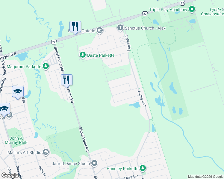 map of restaurants, bars, coffee shops, grocery stores, and more near 63 Sharplin Drive in Ajax