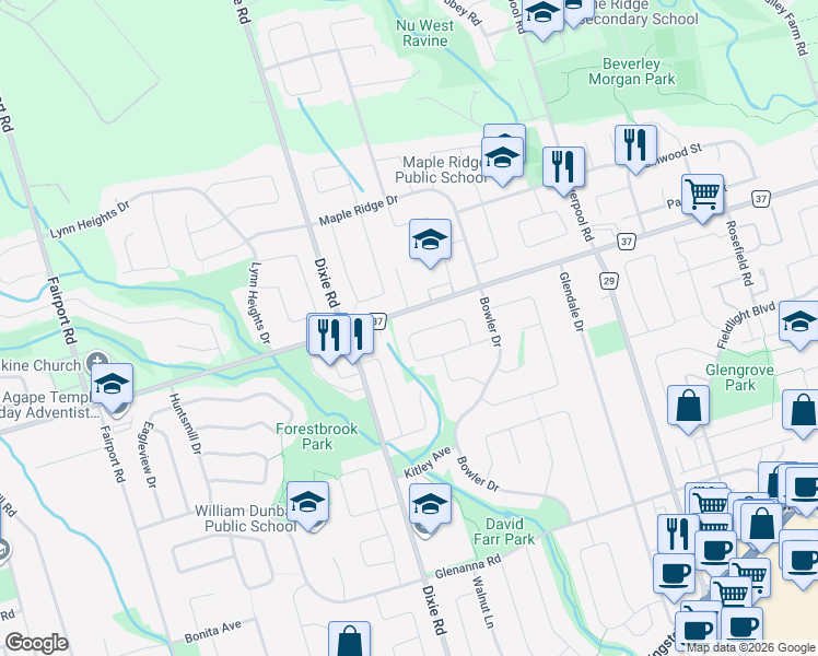 map of restaurants, bars, coffee shops, grocery stores, and more near 1233 Gloucester Square in Pickering