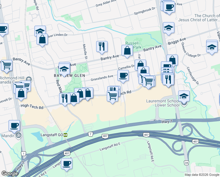 map of restaurants, bars, coffee shops, grocery stores, and more near Ferris Street in Richmond Hill