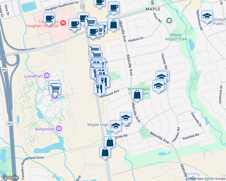 map of restaurants, bars, coffee shops, grocery stores, and more near 56 Norwood Avenue in Vaughan