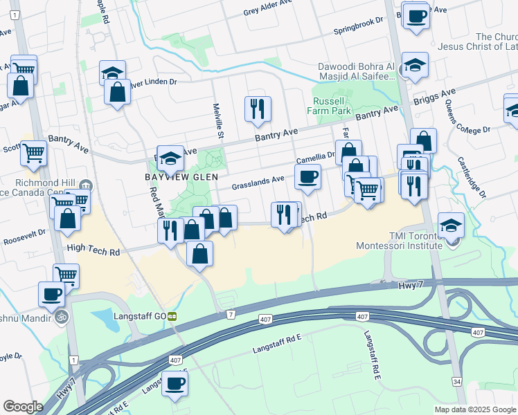 map of restaurants, bars, coffee shops, grocery stores, and more near 18 Moresby Street in Richmond Hill