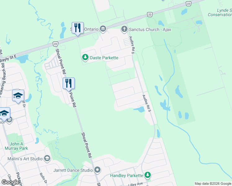 map of restaurants, bars, coffee shops, grocery stores, and more near in Ajax