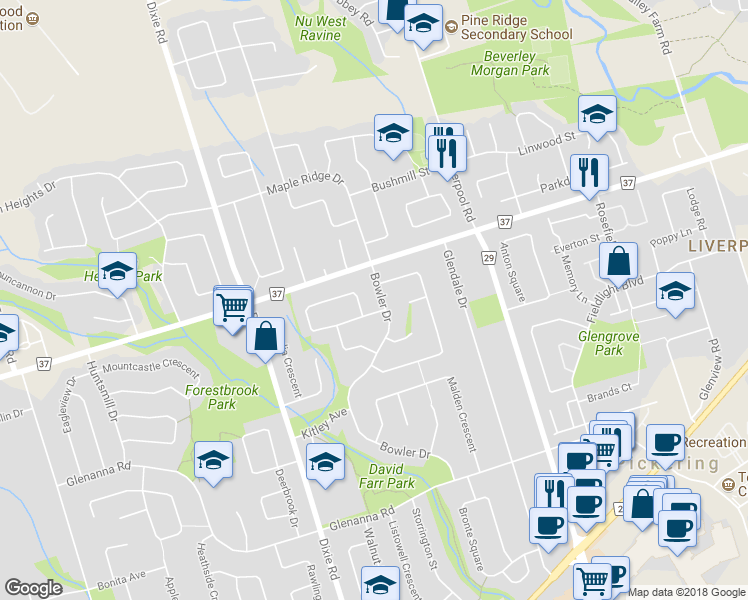 map of restaurants, bars, coffee shops, grocery stores, and more near 1980 Bowler Drive in Pickering