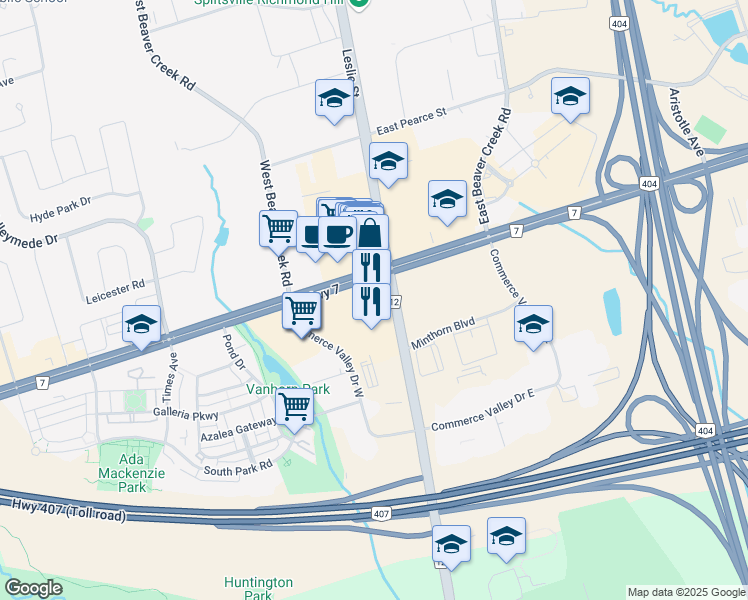 map of restaurants, bars, coffee shops, grocery stores, and more near 600-8500 Leslie Street in Markham