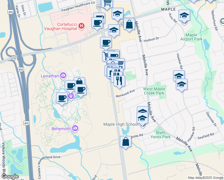 map of restaurants, bars, coffee shops, grocery stores, and more near Jane Street in Vaughan