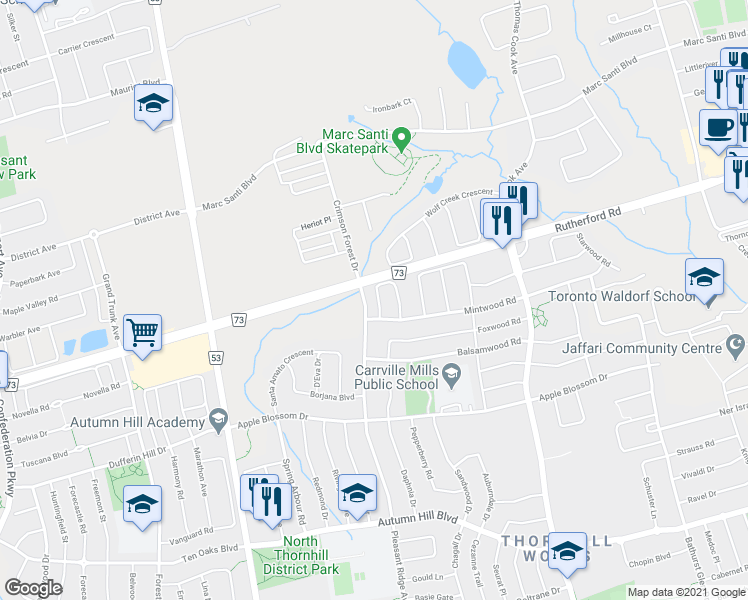 map of restaurants, bars, coffee shops, grocery stores, and more near 77 Mary Ellen Baker Crescent in Vaughan