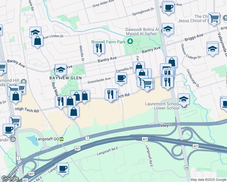 map of restaurants, bars, coffee shops, grocery stores, and more near Holmwood Street in Richmond Hill