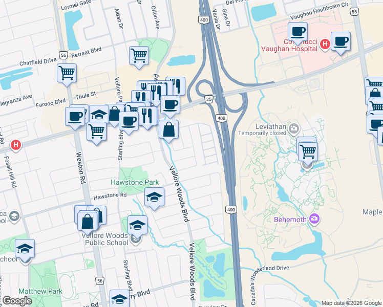 map of restaurants, bars, coffee shops, grocery stores, and more near 80 Timberwolf Crescent in Vaughan