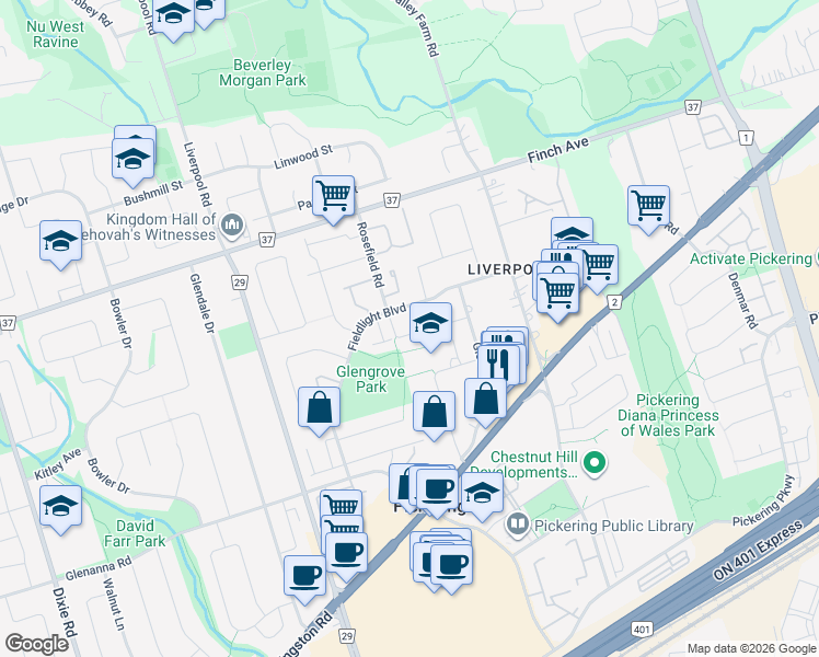 map of restaurants, bars, coffee shops, grocery stores, and more near 1903 Rosefield Road in Pickering
