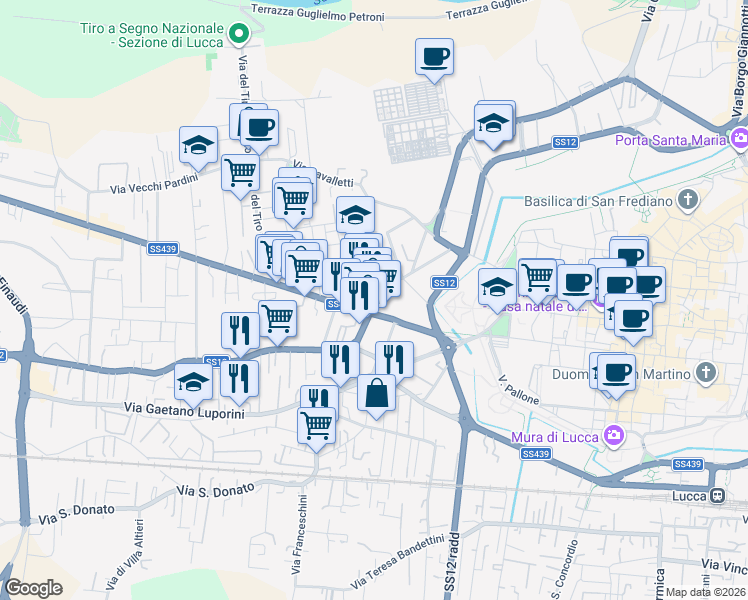 map of restaurants, bars, coffee shops, grocery stores, and more near 36 Via Sant'Anna in Lucca