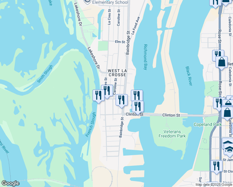 map of restaurants, bars, coffee shops, grocery stores, and more near 1414 Caroline Street in La Crosse