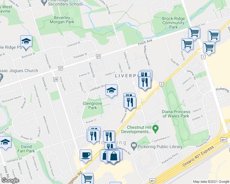 map of restaurants, bars, coffee shops, grocery stores, and more near 1872 Rosefield Road in Pickering