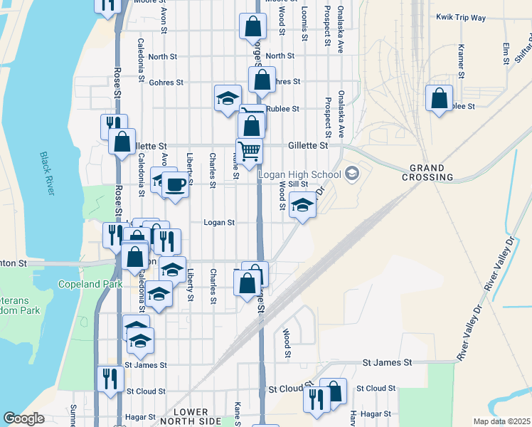 map of restaurants, bars, coffee shops, grocery stores, and more near 1412 George Street in La Crosse