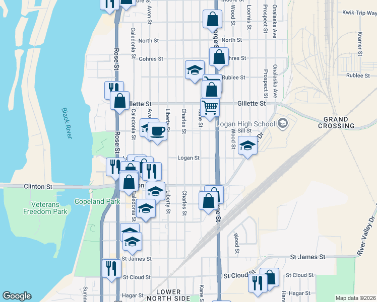 map of restaurants, bars, coffee shops, grocery stores, and more near 1412 Charles Street in La Crosse