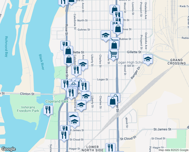 map of restaurants, bars, coffee shops, grocery stores, and more near 1412 Liberty St in La Crosse