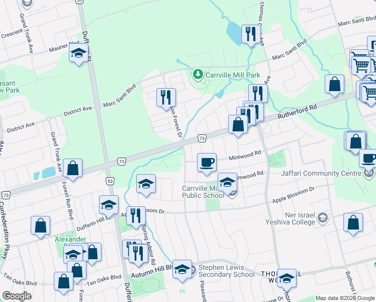 map of restaurants, bars, coffee shops, grocery stores, and more near 73 Mary Ellen Baker Crescent in Vaughan