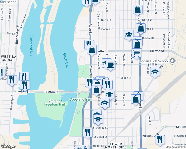 map of restaurants, bars, coffee shops, grocery stores, and more near 1416 Rose Street in La Crosse