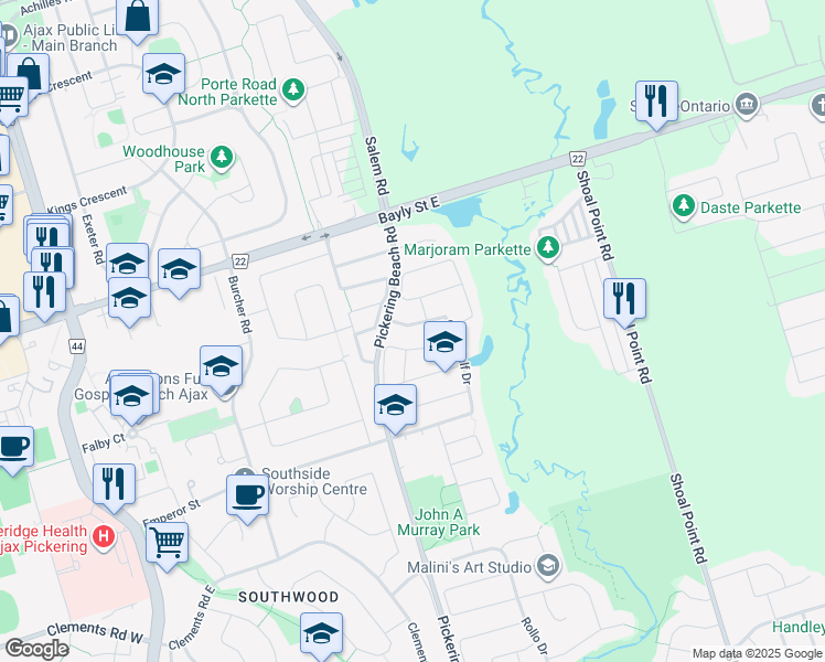 map of restaurants, bars, coffee shops, grocery stores, and more near 94 Greenhalf Drive in Ajax