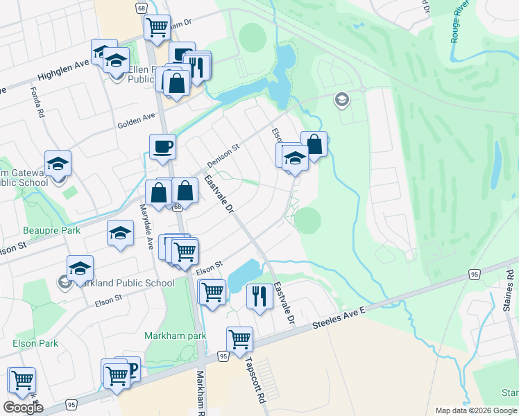 map of restaurants, bars, coffee shops, grocery stores, and more near 15 Charles Brown Road in Markham