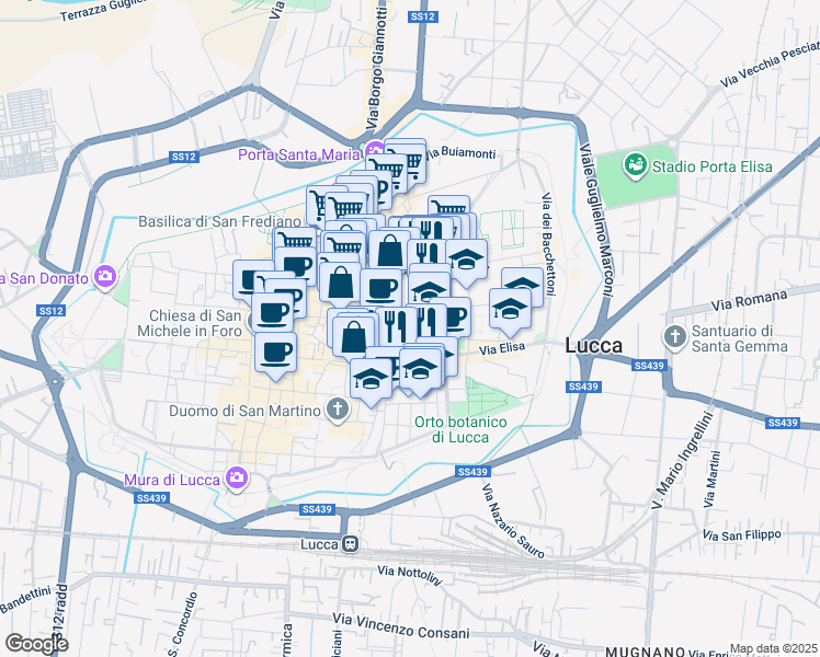 map of restaurants, bars, coffee shops, grocery stores, and more near 40 Via S. Nicolao in Lucca