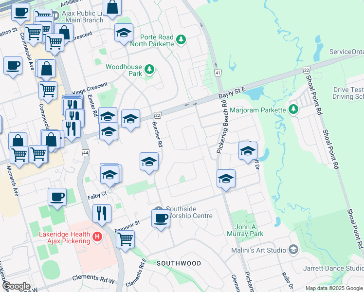 map of restaurants, bars, coffee shops, grocery stores, and more near 65 Thorncroft Crescent in Ajax