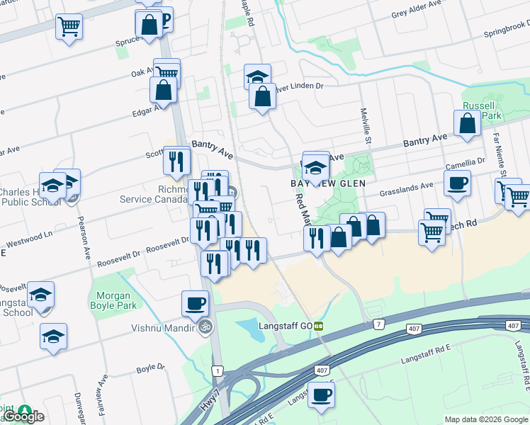 map of restaurants, bars, coffee shops, grocery stores, and more near 65 Oneida Crescent in Richmond Hill