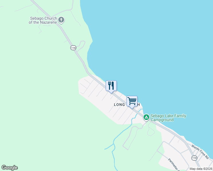 map of restaurants, bars, coffee shops, grocery stores, and more near 61 Sebago Road in Sebago