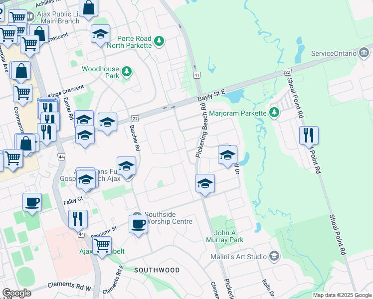 map of restaurants, bars, coffee shops, grocery stores, and more near Hickman Road in Ajax