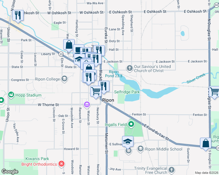map of restaurants, bars, coffee shops, grocery stores, and more near 322 Houston Street in Ripon